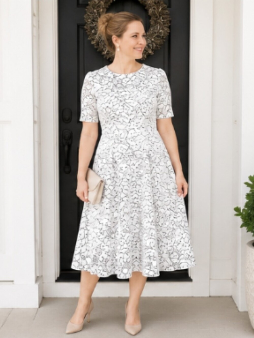 Kooosin NWT White Black Floral Lace Fit Flare Midi Dress Women's L Wedding Guest